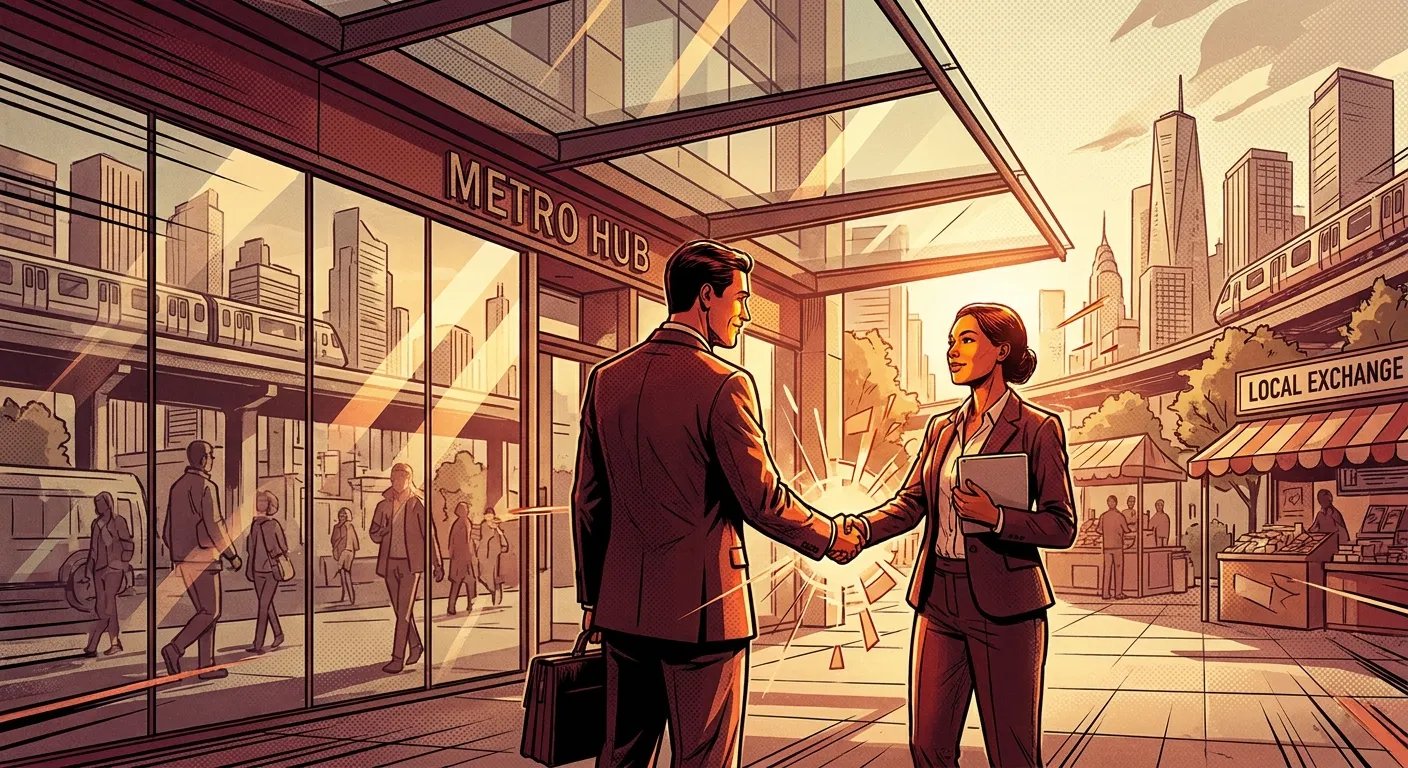 Businesspeople handshake at Metro Hub, symbolizing a RockN' Socials Digital Marketing Agency deal.