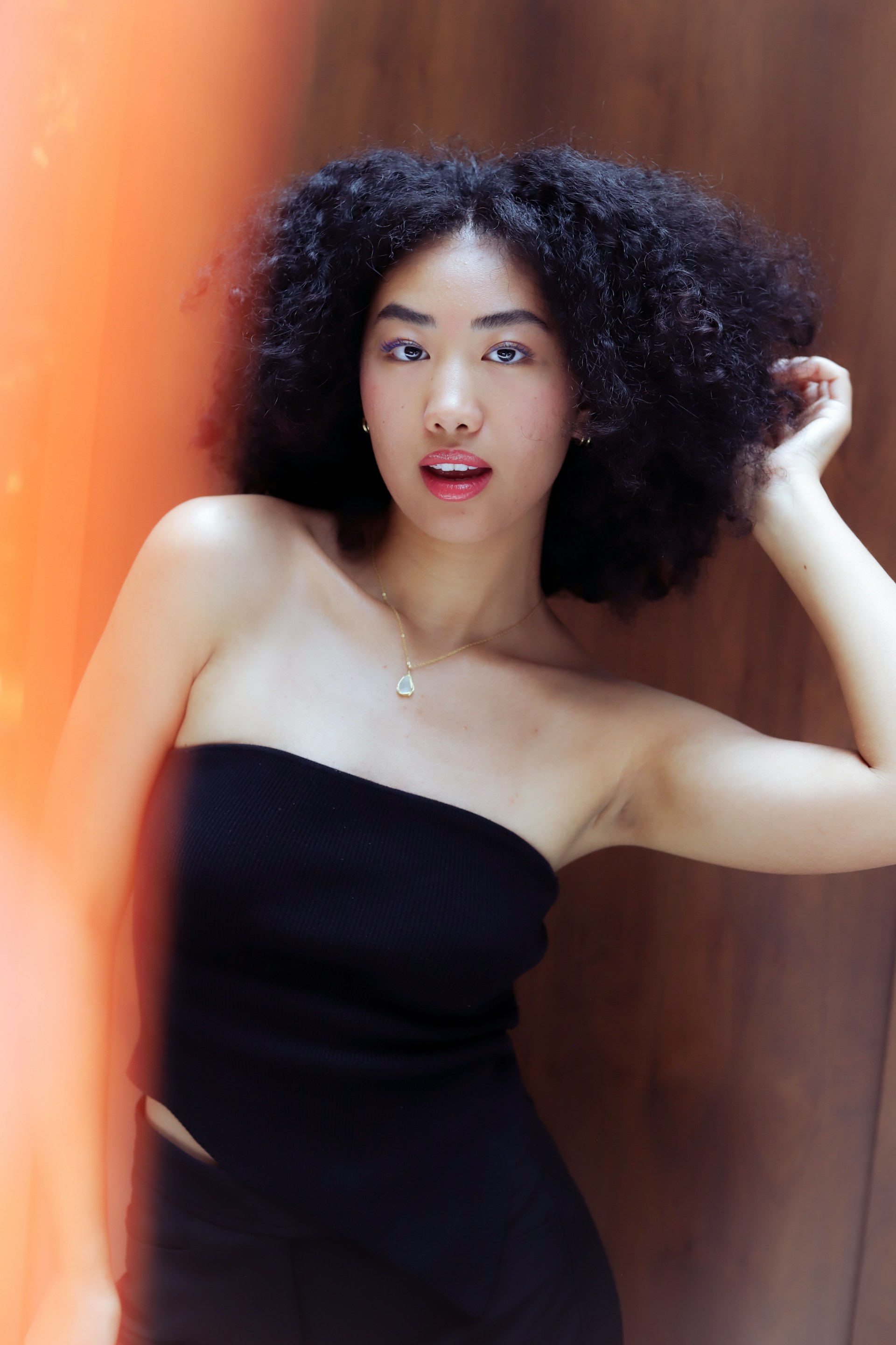 A portrait of a woman with large, curly hair wearing a black tube top and a gold necklace. The shot features a warm, orange light leak on the left side against a dark wood background.