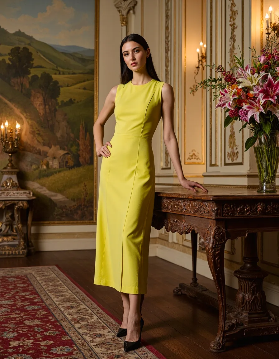 Woman in elegant yellow midi dress posing in ornate palace room with landscape painting and floral arrangement