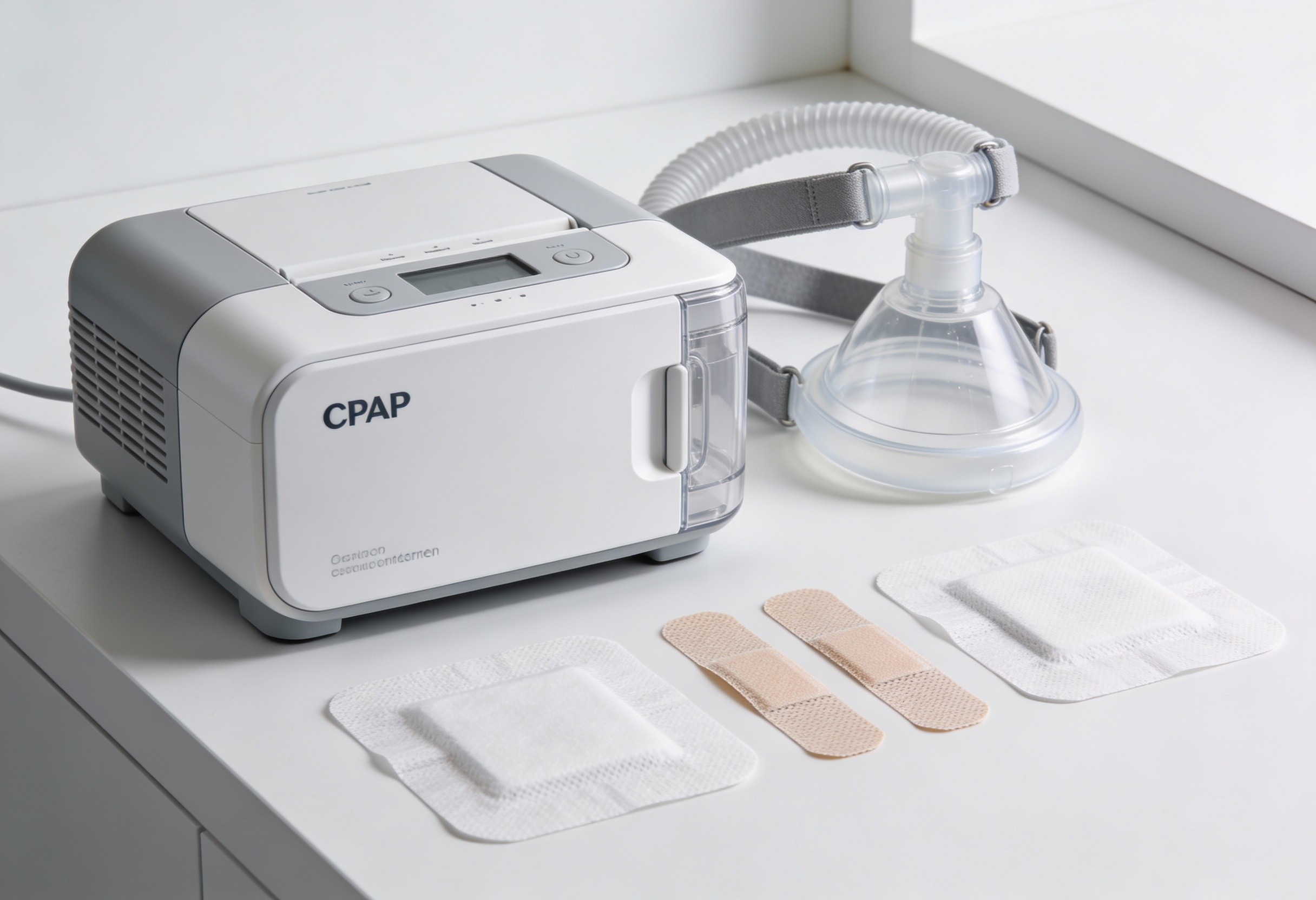 CPAP machine with mask and assorted adhesive bandages on clean surface