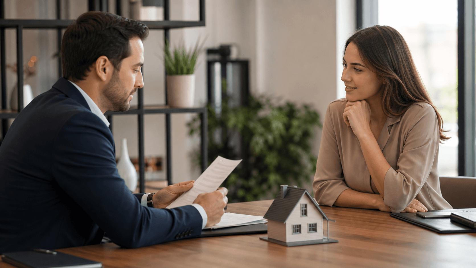 Two people sitting across a table from each other in a professional setting, representing a negotiation over a real estate deal, one person reviewing documents and the other listening attentively, modern interior, neutral tones, natural lighting, photorealistic style, no text or words anywhere in the image