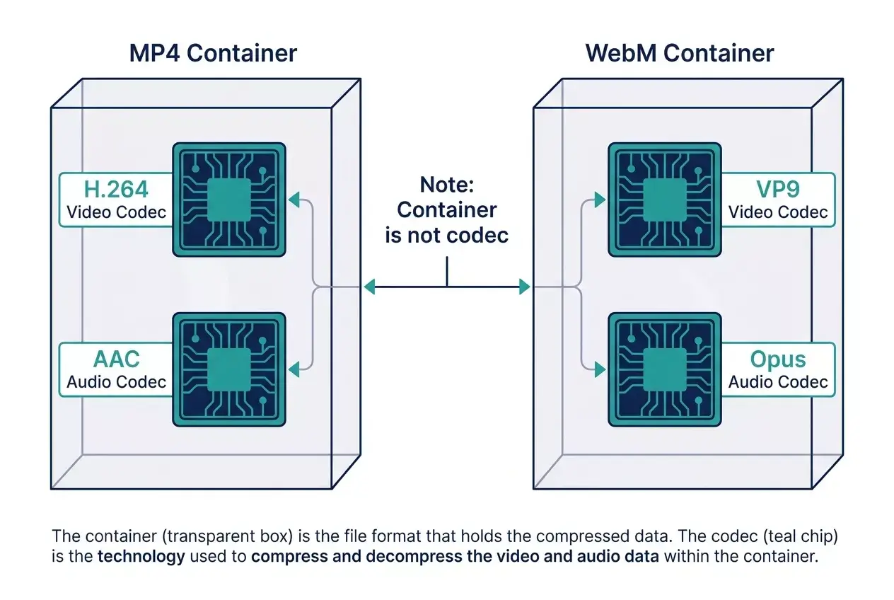 MP4 and WebM containers holding different video and audio codecs.