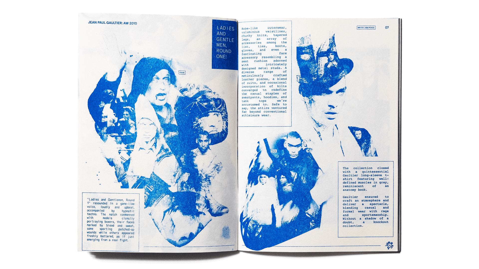 Archive PDF wide open Paris 2024 interior spread featuring a blue duotone fashion editorial on Jean Paul Gaultier AW 2010 with collaged runway imagery and editorial copy