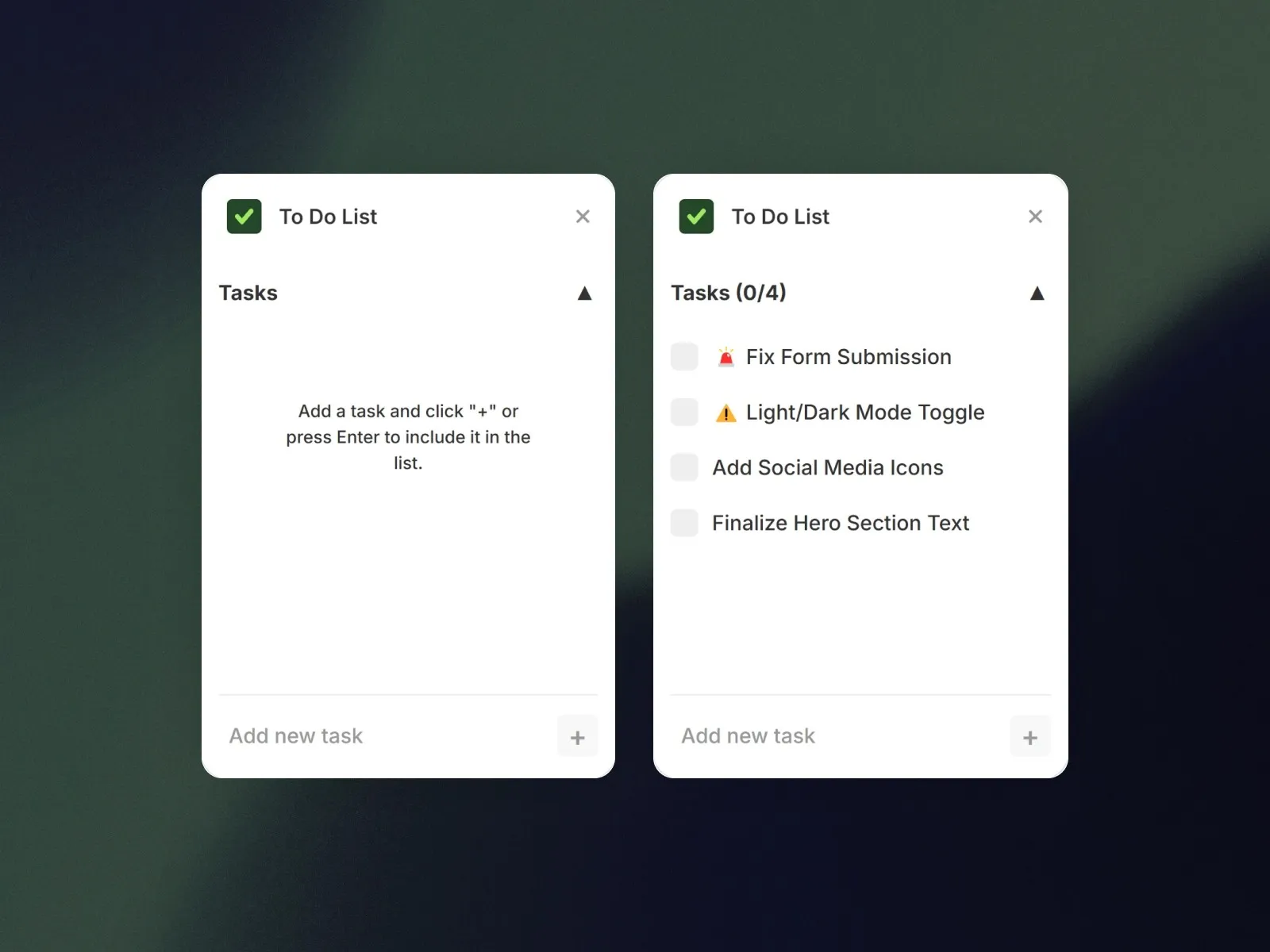 Two digital to-do lists, one with tasks, the other empty.