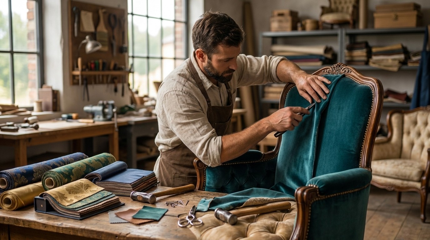 Upholsterer fitting teal velvet upholstery to a carved armchair