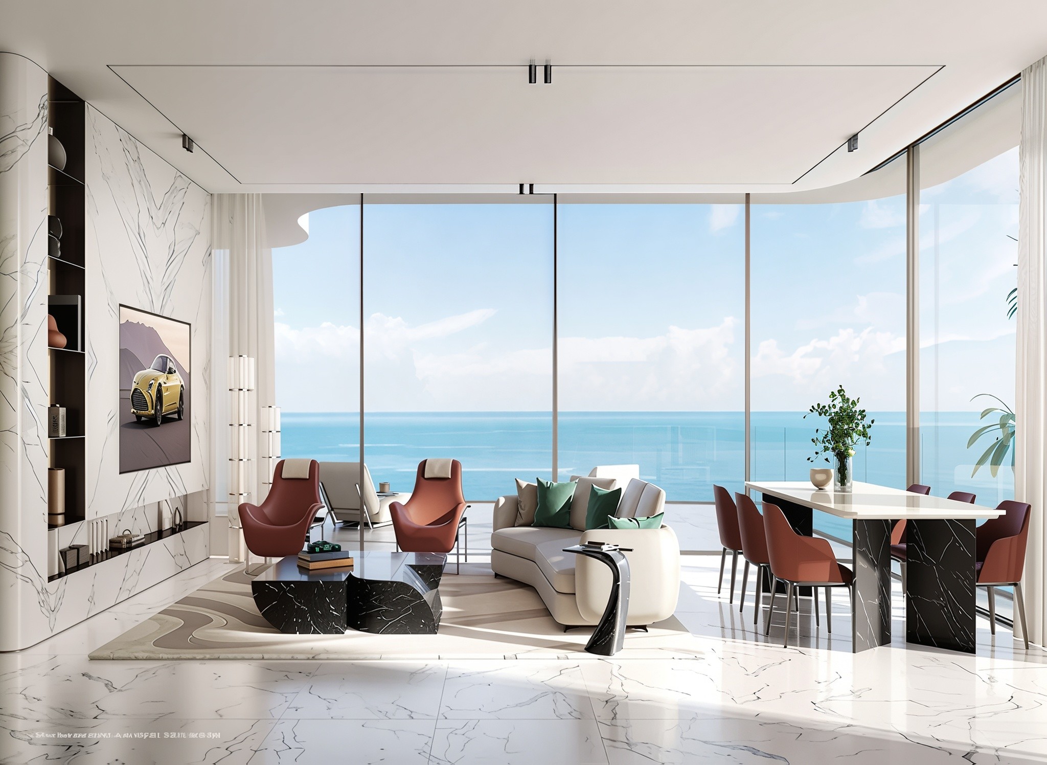 A living room in The Aster Apartments featuring large windows with a stunning view of the ocean.