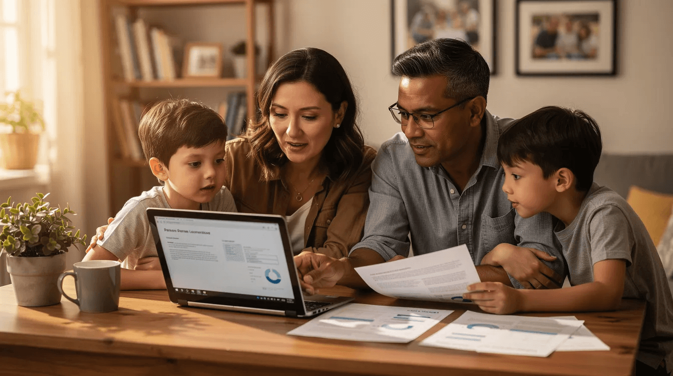 A family is gathered around a desk, attentively reviewing documents on a laptop, likely discussing their digital assets and online accounts as part of their estate planning. They appear engaged in creating a digital estate plan to ensure their digital legacy is managed and protected for their loved ones.