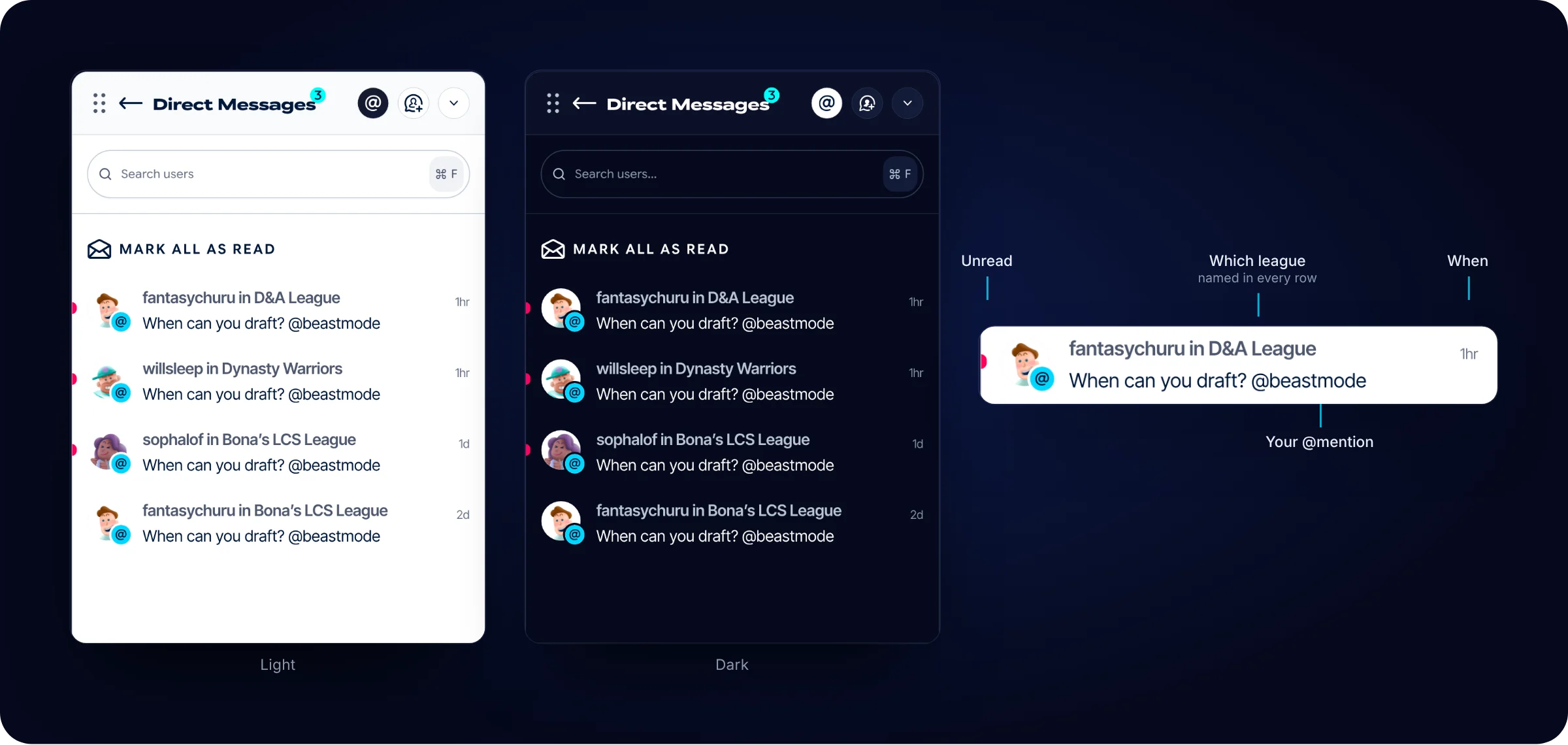 The mentions inbox in light and dark, with one row zoomed in: the unread dot, the league it came from, your @mention and when