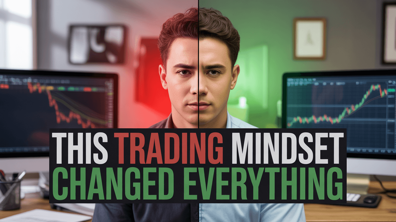 Split-screen trader before and after mindset shift with red and green charts