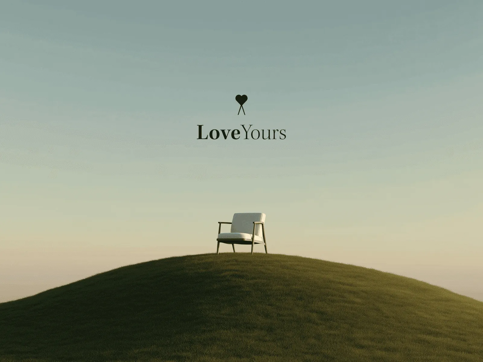 A small bench on a hilltop against a soft, gradient sky, with a minimalistic logo above.