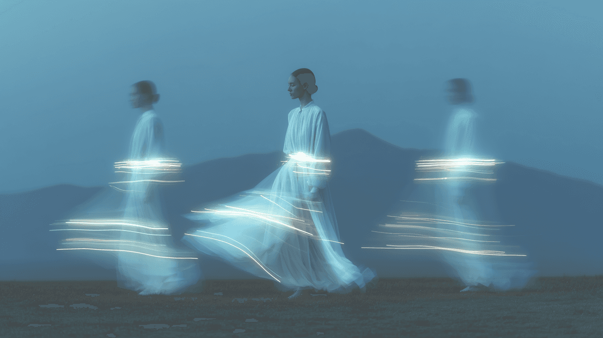 Ethereal scene of a person in a flowing white dress with light trails, set against a misty mountain backdrop. Dreamlike and surreal.