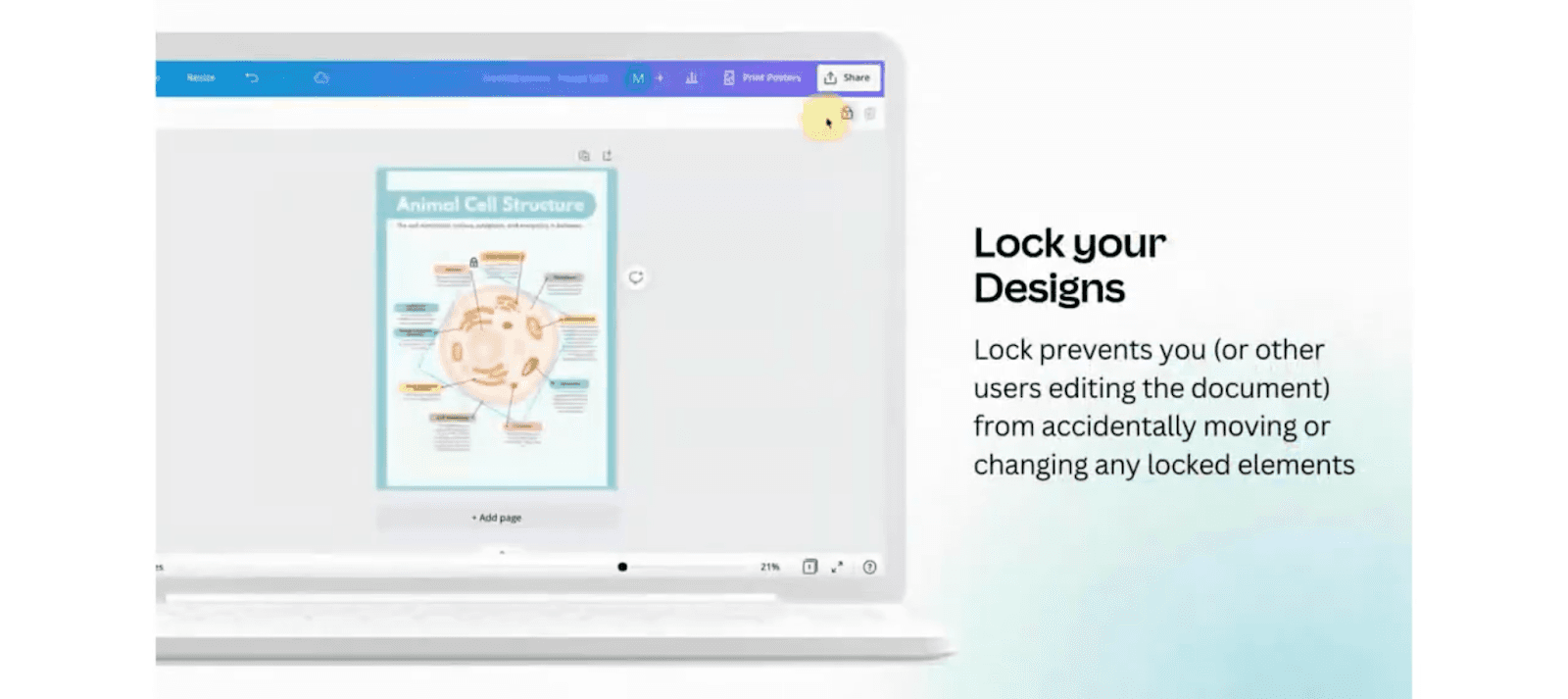 Laptop screen displays a Canva design labeled “Animal Cell Structure.” Text on the right explains the lock feature, which prevents users from accidentally moving or editing locked elements in a shared design.
