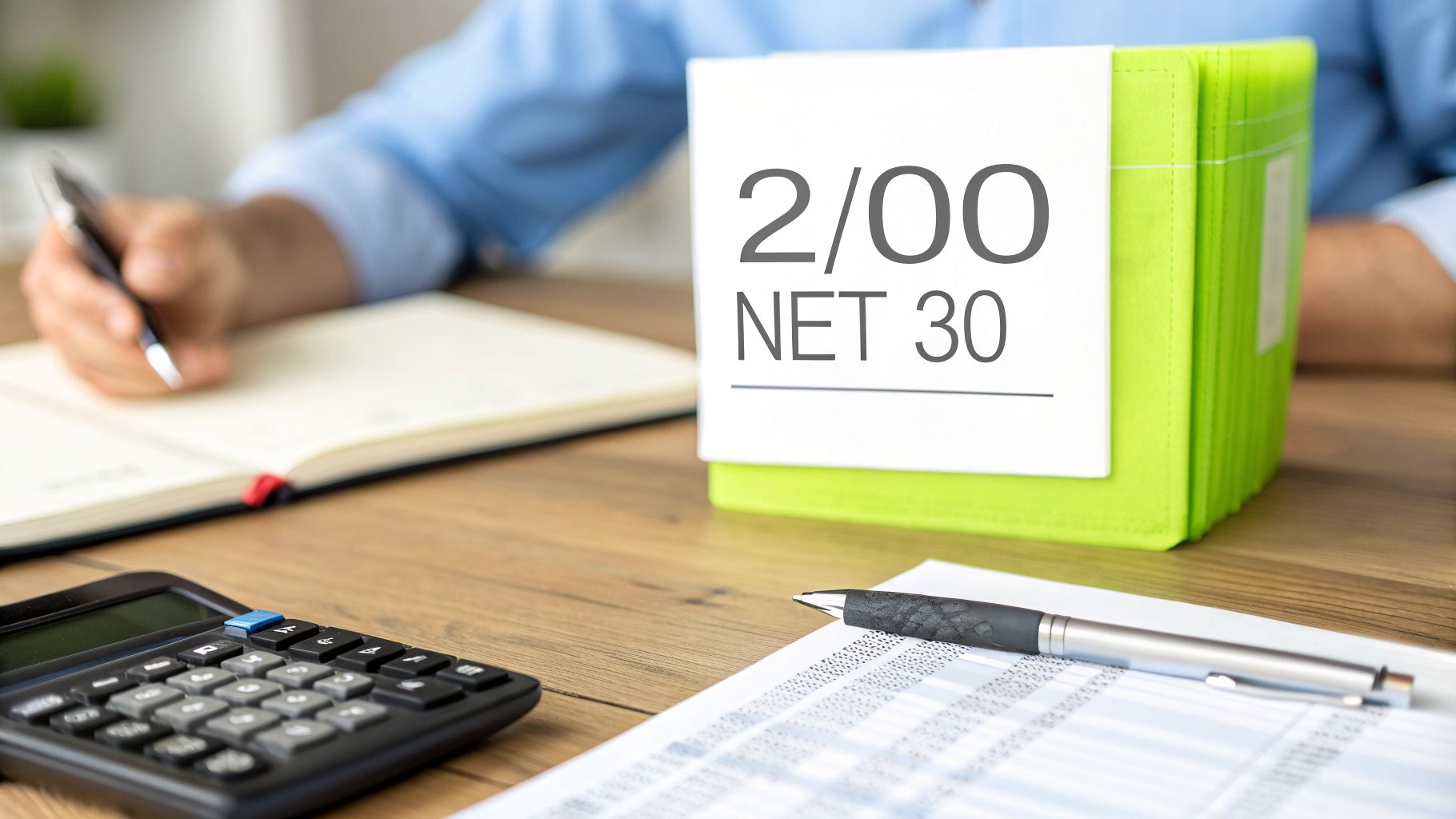 A person calculates finances, with a calculator, pen, and a 