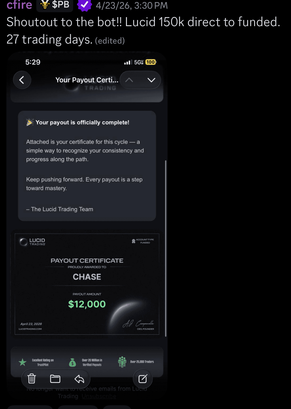 Lucid payout certificate for Chase