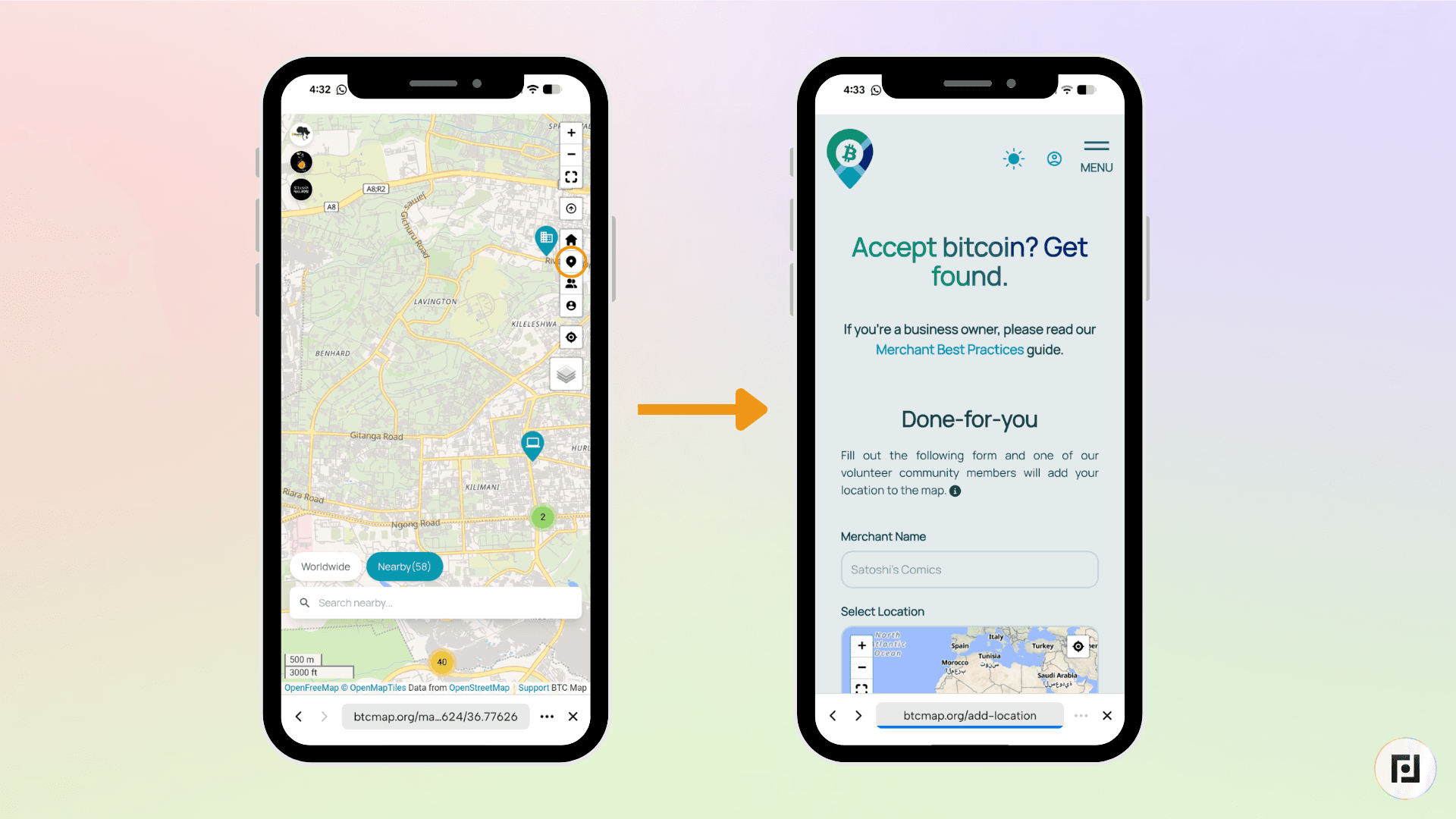 BTC Map "Add location" form on Fedi showing the merchant name input field and a map for selecting business location
