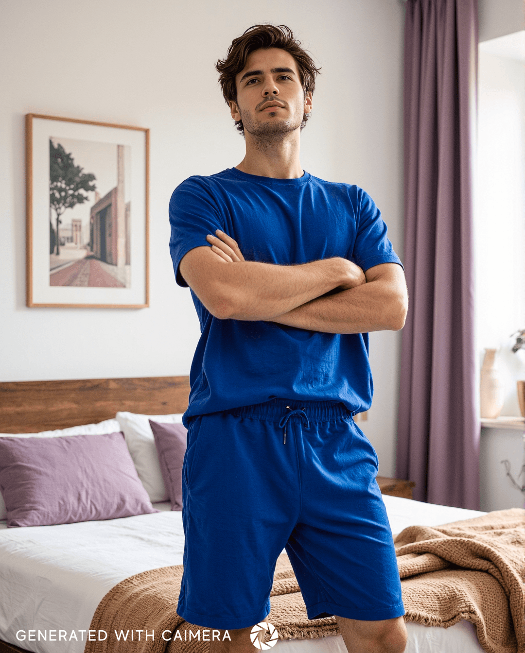 Person in vibrant blue loungewear standing confidently in a modern bedroom with minimalist decor, soft lighting, and neutral tones.