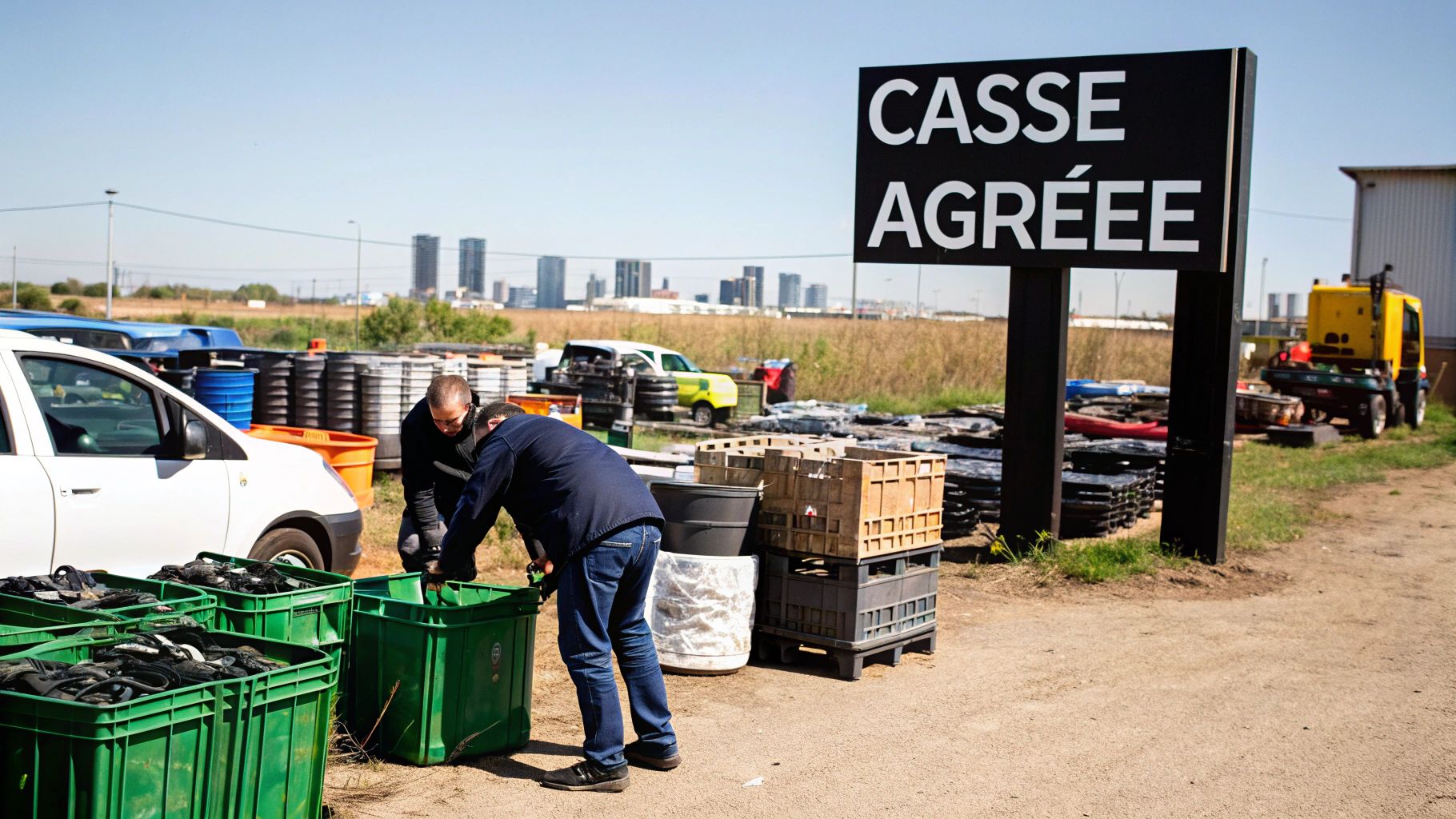 Deux hommes travaillent à une casse agréée, manipulant des caisses vertes, avec des bâtiments urbains en arrière-plan.