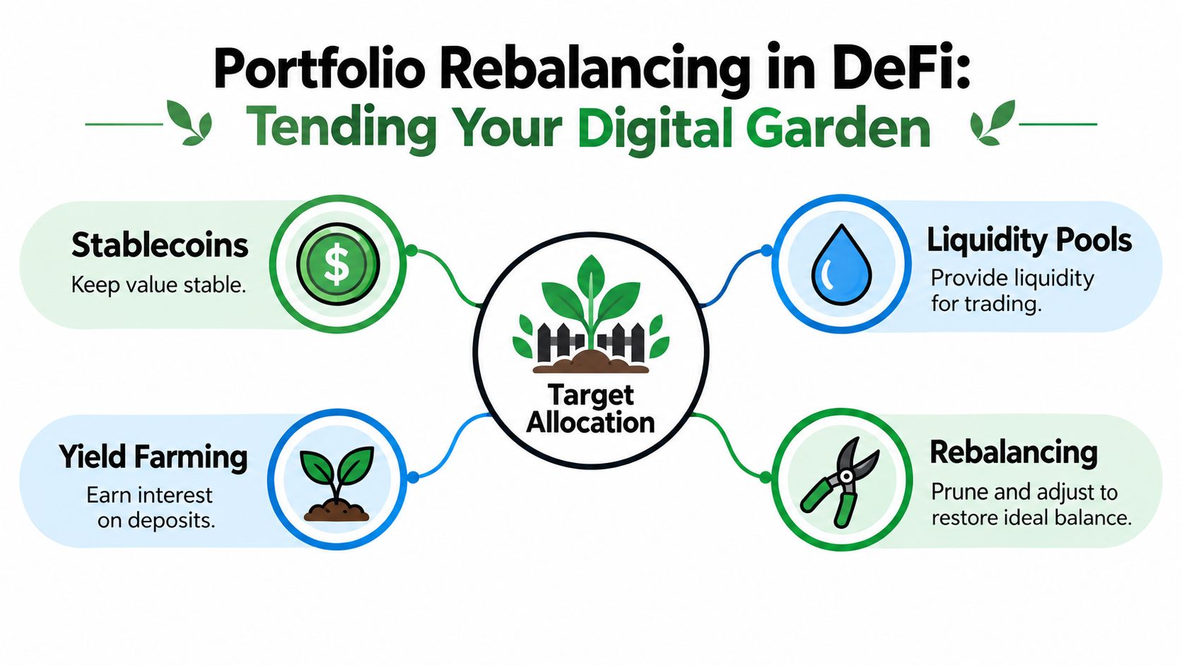 A diagram illustrating DeFi portfolio rebalancing with icons representing stablecoins, liquidity pools, yield farming, and pruning shears.