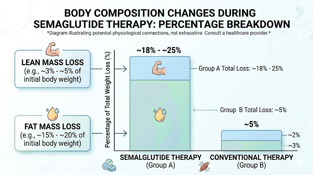 Semaglutide body composition changes showing fat and lean mass loss percentages