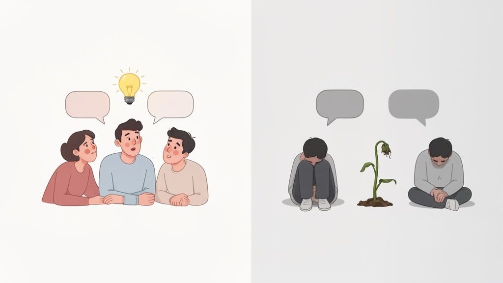 A contrast showing effective team communication and ideas versus sad isolation and a wilting plant.