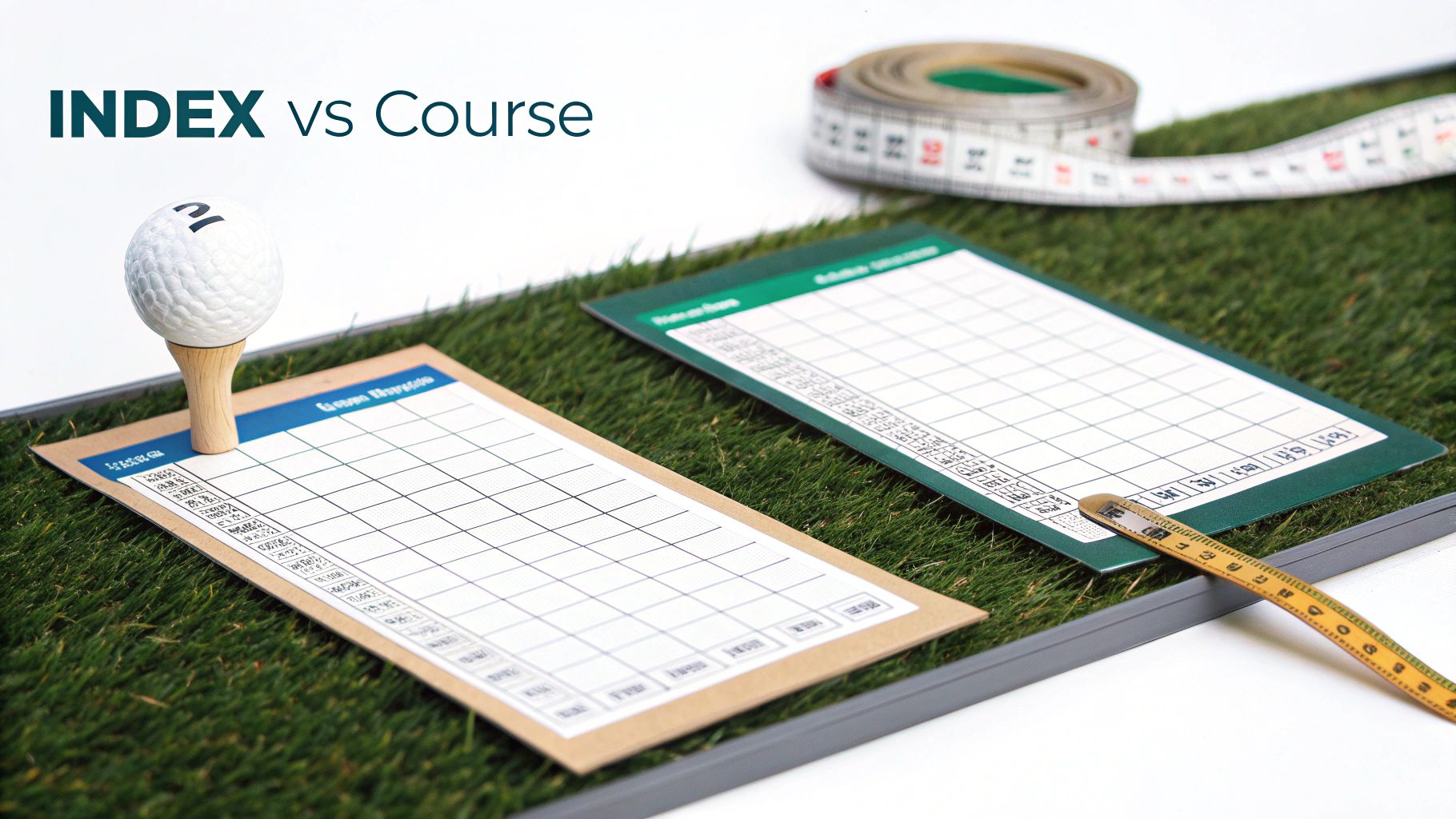 Golf scorecards, a golf ball on a tee, and a measuring tape on artificial turf, with 'INDEX vs Course' text.