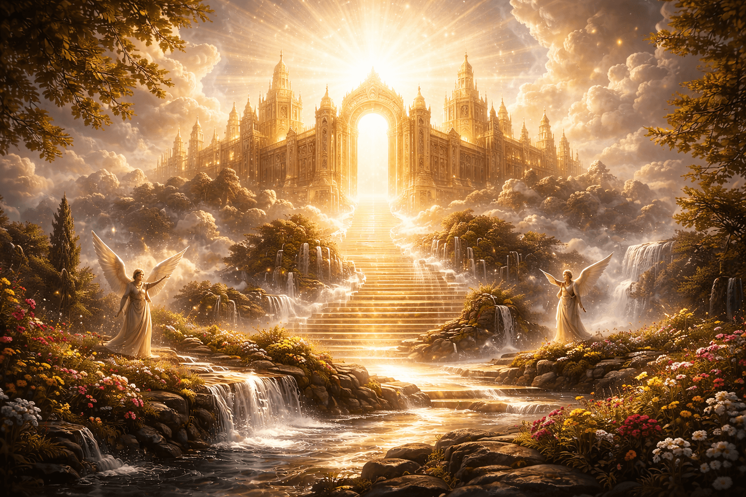 Radiant heavenly city with gates, river, and light symbolising Revelation’s description of heaven and the New Jerusalem