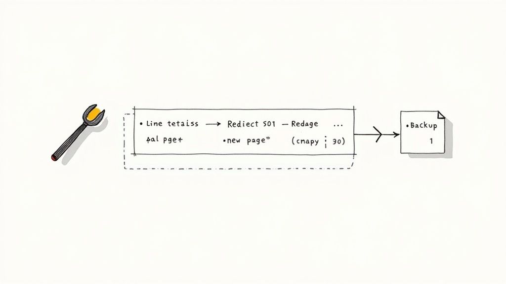 Diagram showing a wrench tool, a process with 'Redirect 501' and 'new page', leading to a backup document.