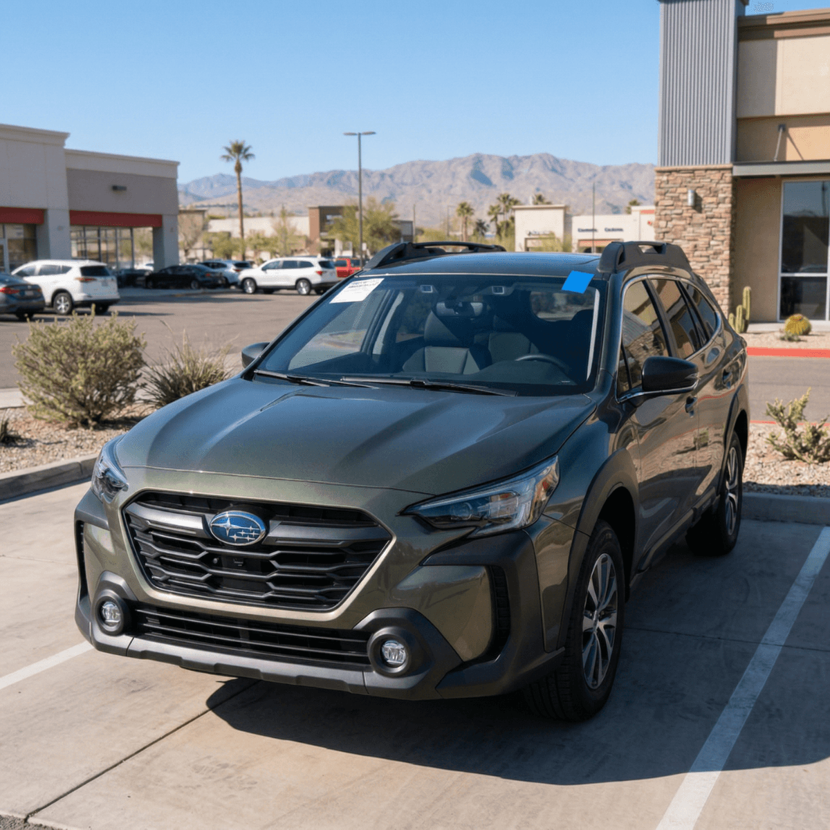 Dark green Subaru Forester captured at a Maricopa plaza after a no-hassle mobile windshield service from Bang AutoGlass