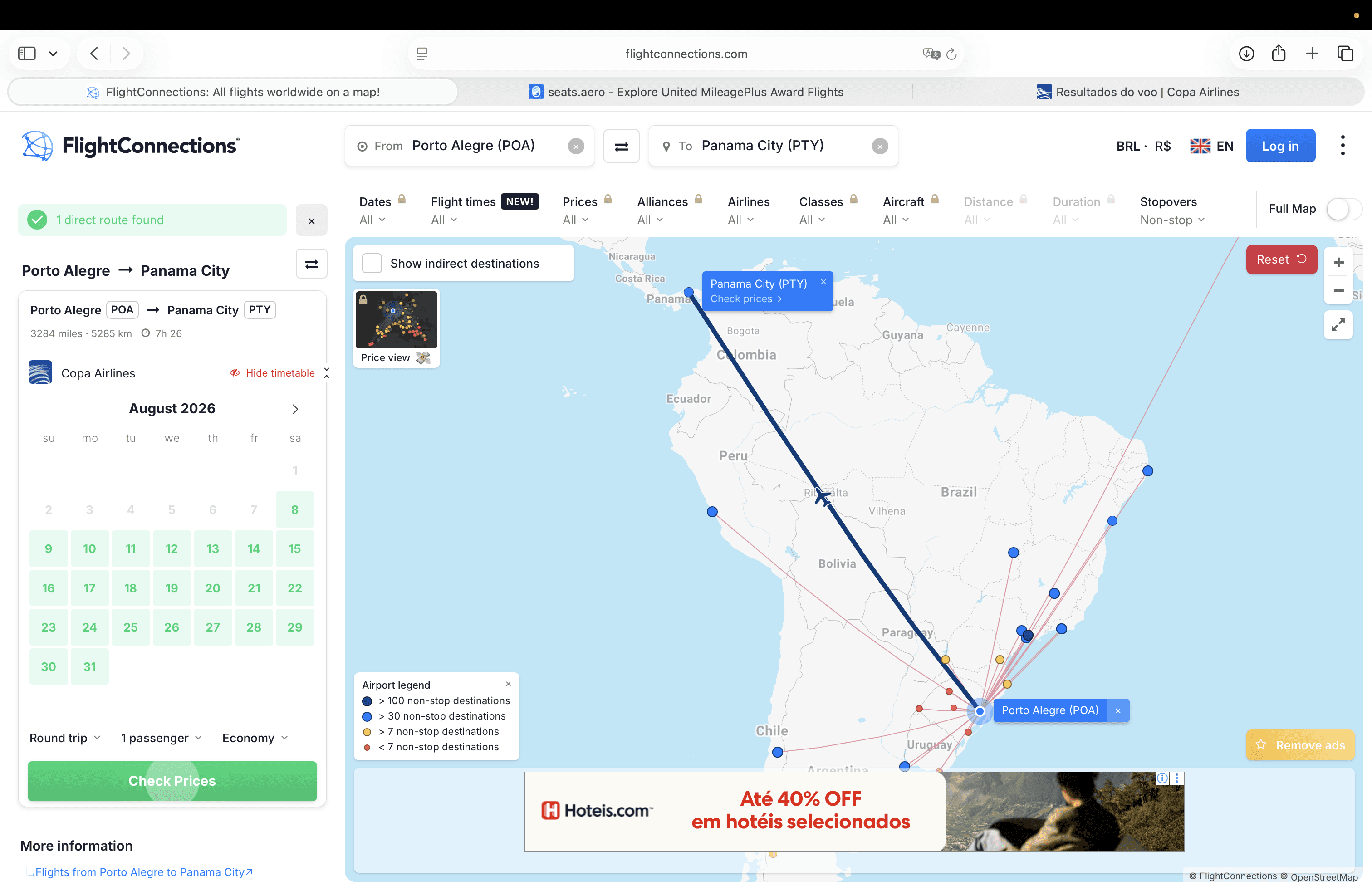 Mapa do FlightConnections mostrando a rota direta entre Porto Alegre (POA) e Cidade do Panamá (PTY), operada pela Copa Airlines.