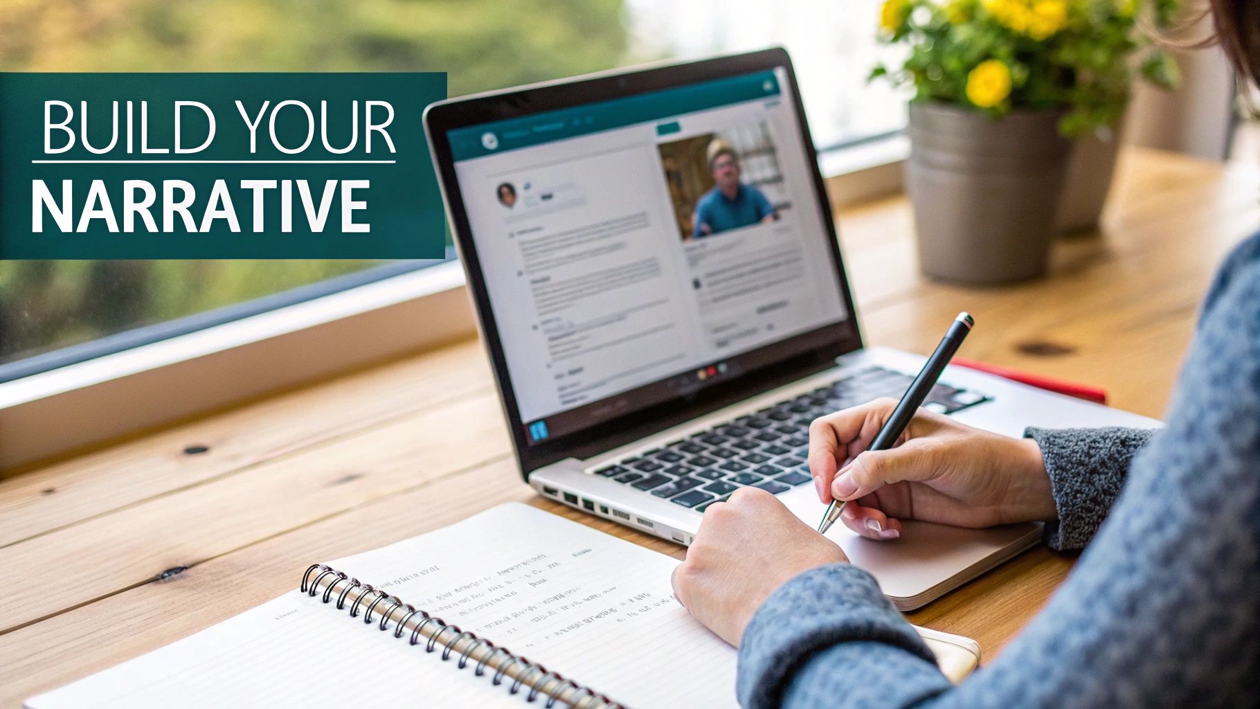Person writing notes in a spiral notebook beside a laptop showing an online profile page.