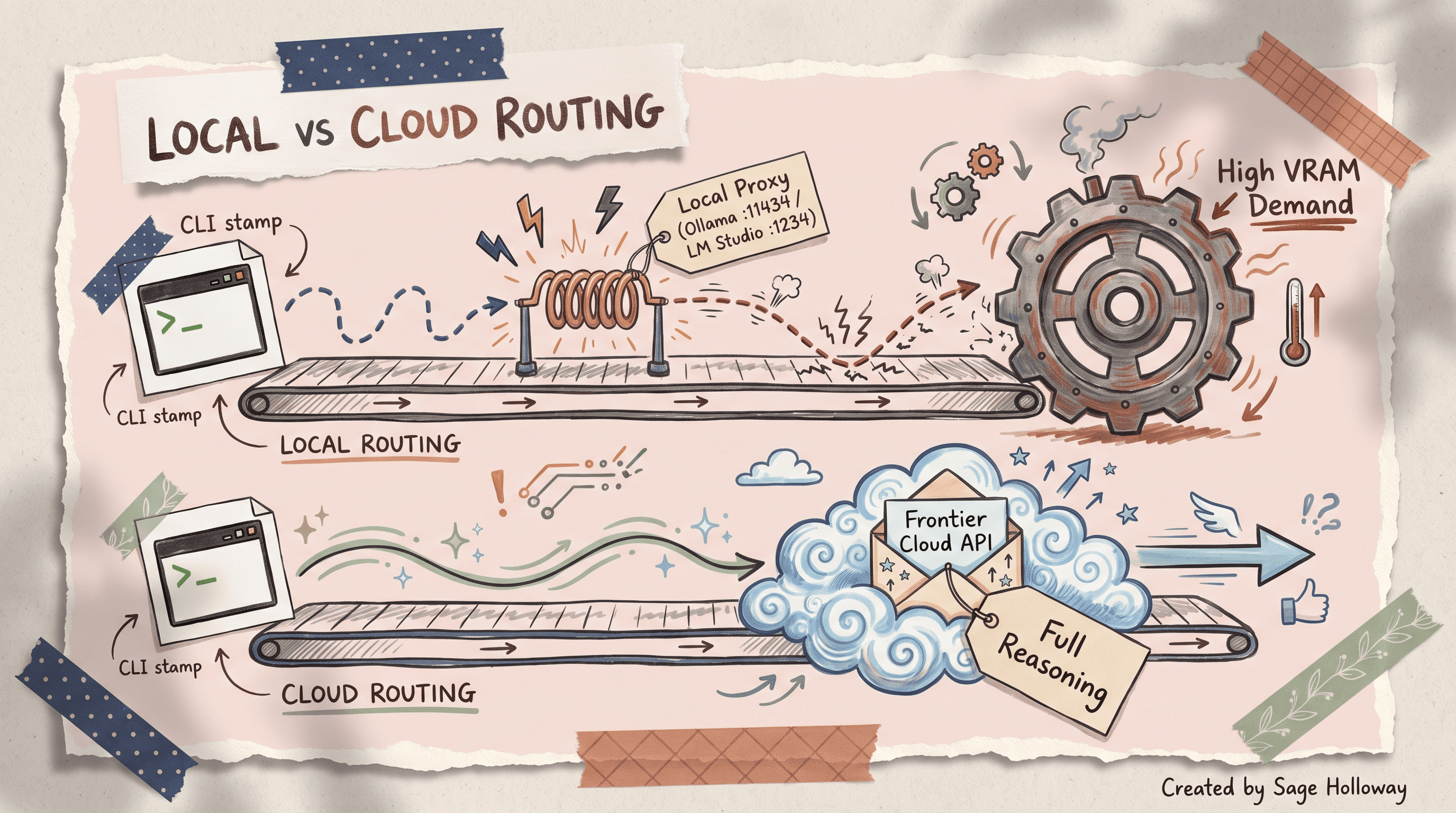 Scrapbook diagram of Claude Code local model and proxy routing flow comparing Ollama and LM Studio endpoints to native cloud APIs