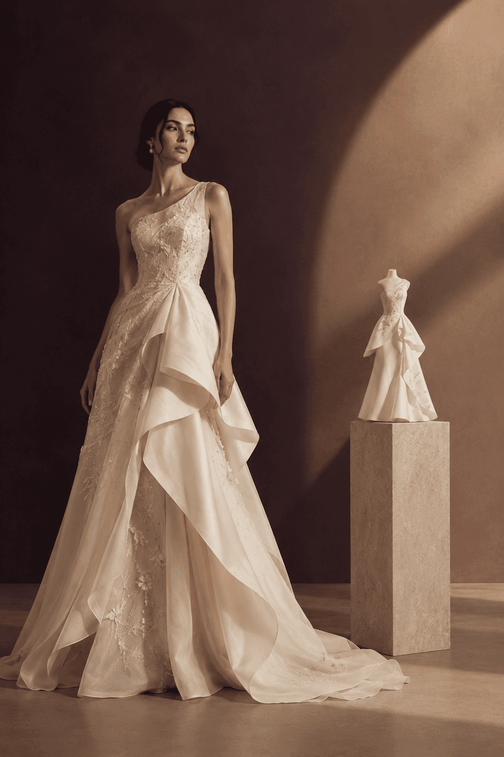 Bride in a one-shoulder gown beside her Fe Gownora sculpture