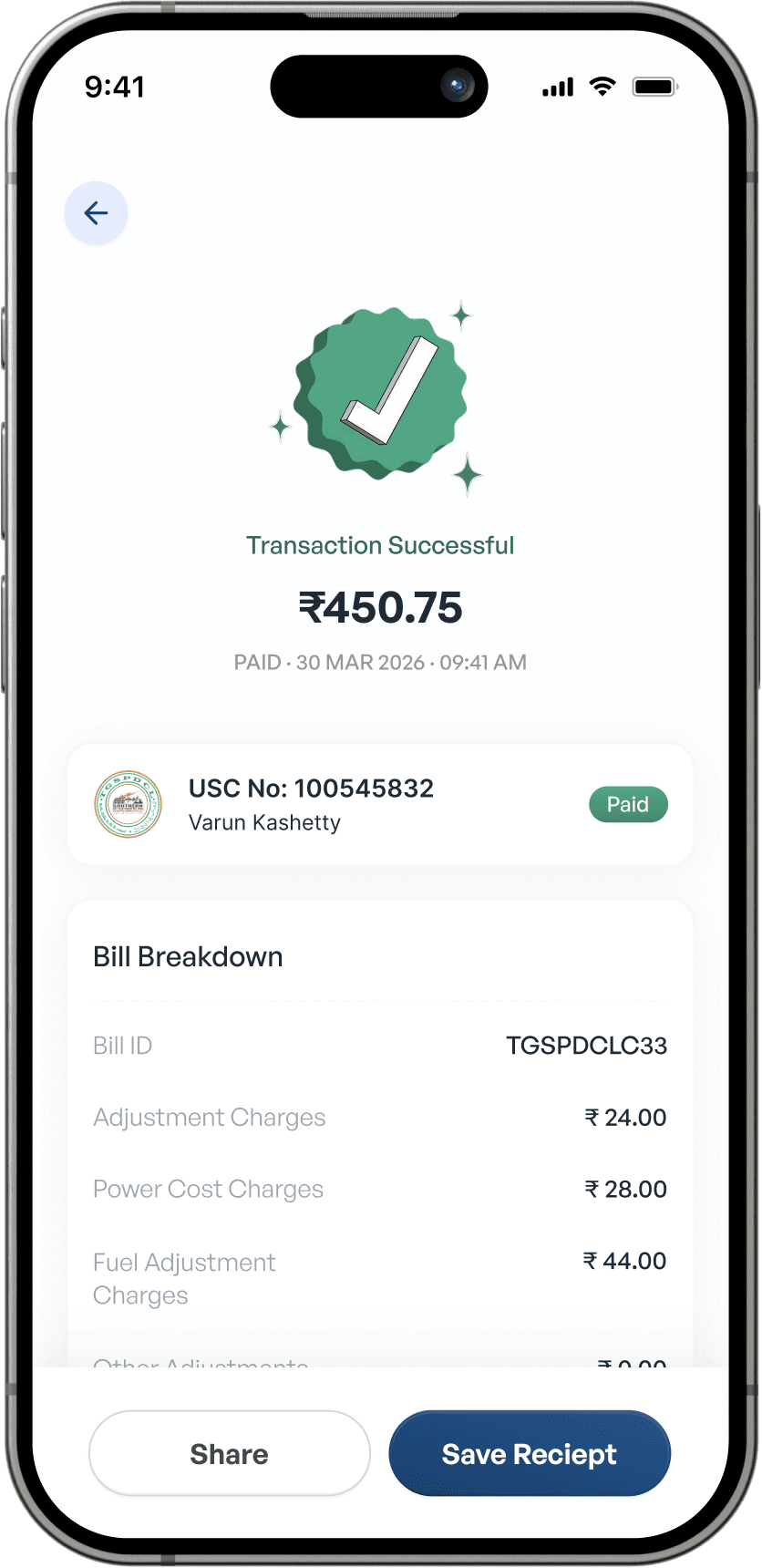 Telangana Electricity app payment screen new interface