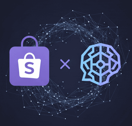 Graphic showing the Shopify logo on the left and a neural network or AI brain icon on the right, connected by an 'X' symbol, with a digital network pattern in the background representing a technology integration.