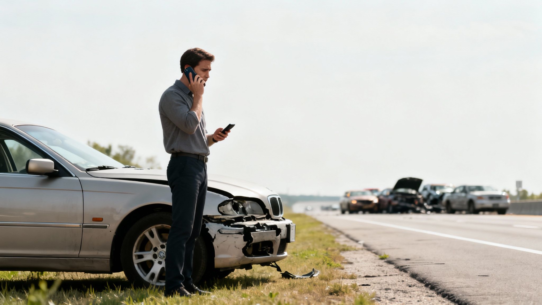 Man on phone next to his damaged car after a multi-vehicle accident on a highway.