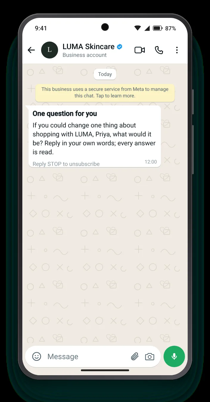 One thing you would change: WhatsApp feedback message on an Android phone