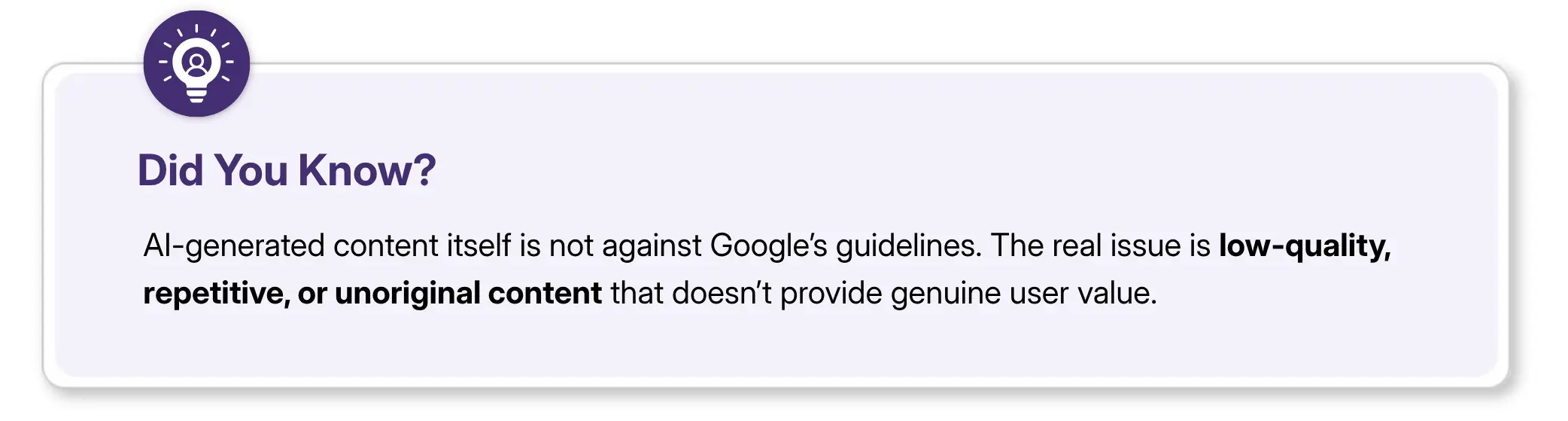 Explaining that AI-generated content is allowed by Google, but low-quality content isn’t.
