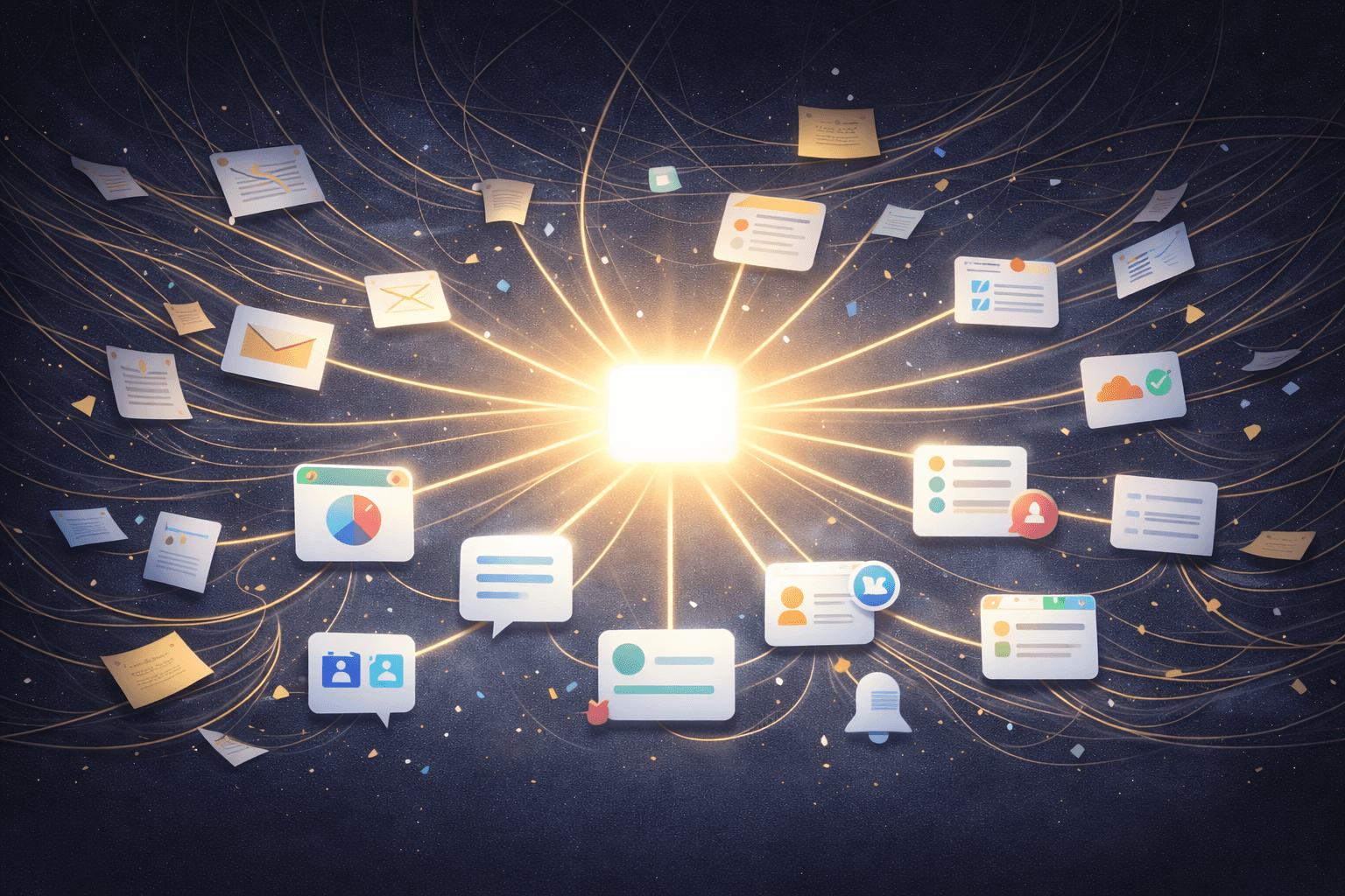 Glowing central hub with lines connecting to floating cards, documents, and app icons on a dark, starry background.