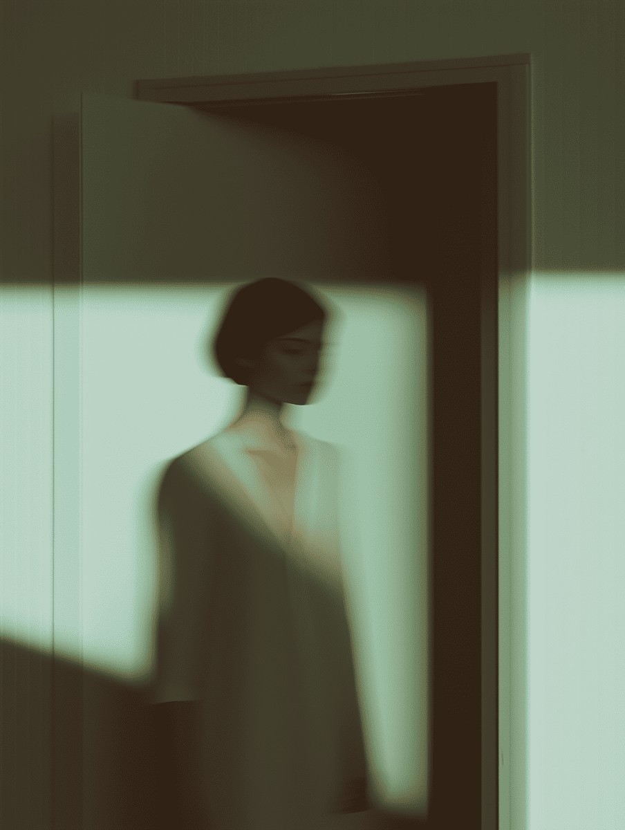 A mysterious and ethereal figure stands in a dimly lit doorway, partially obscured by dramatic shadows, creating a haunting and atmospheric scene.
