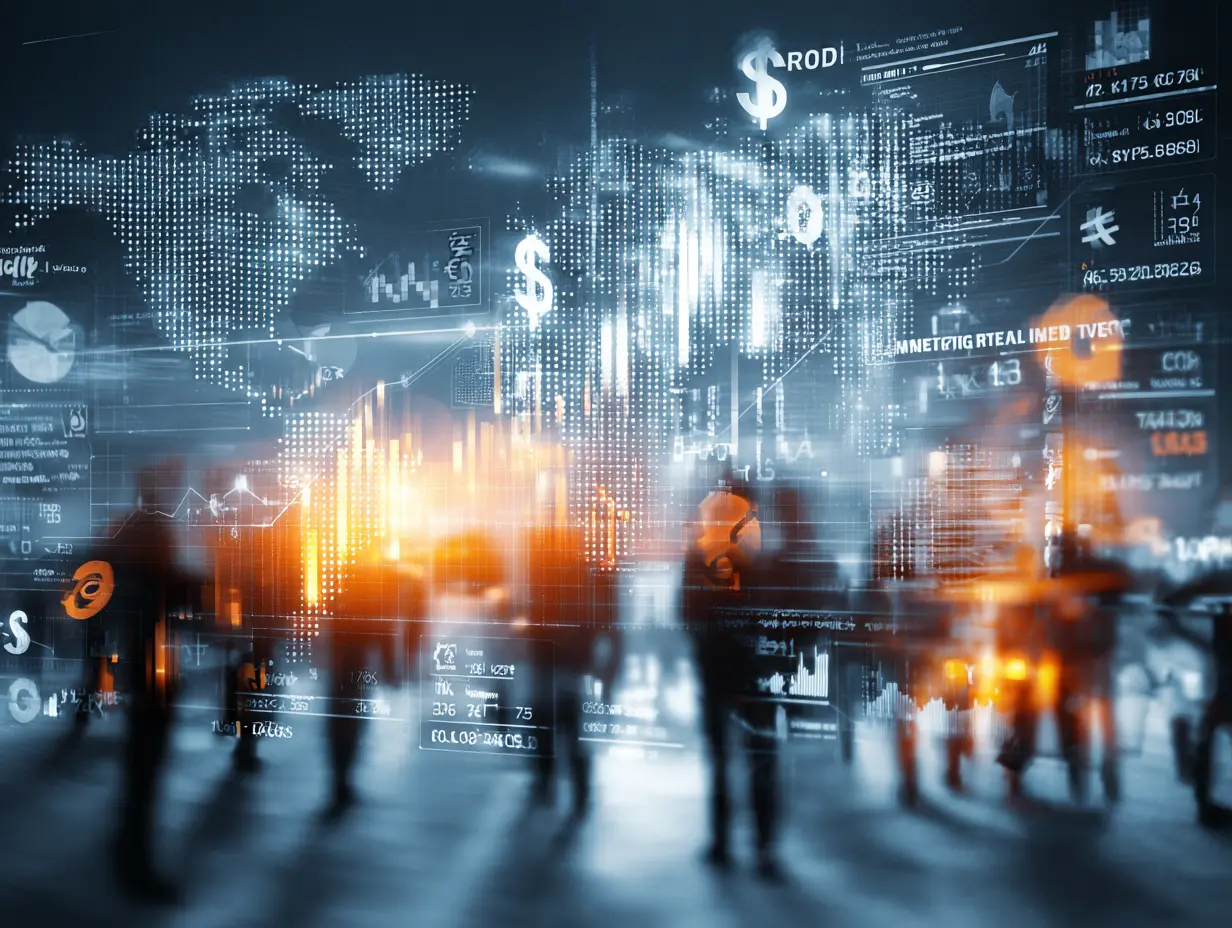 Group of modern Indian business leaders, digitally blended into a glowing cityscape, standing with tablets and devices among holographic data displays, suggesting collaboration and innovation.