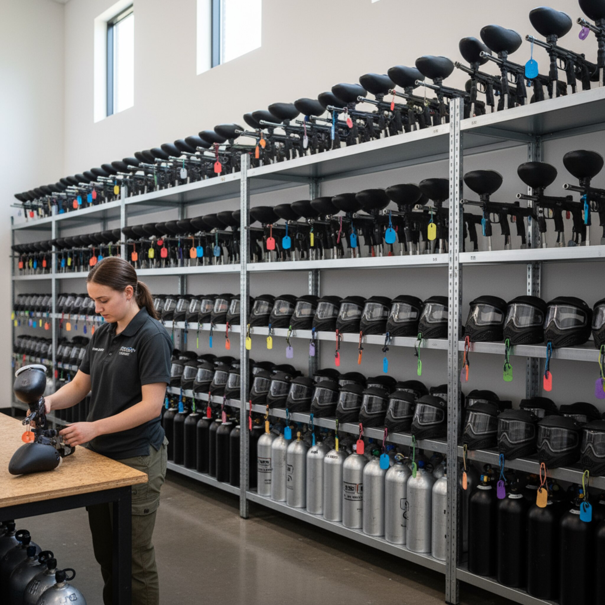 Hohe Regale mit nummerierten Markern, aufgereihte Masken mit klaren Sichtscheiben und akkurat sortierte Luftflaschen füllen einen hellen Raum. Kleine farbige Etiketten hängen an den Griffen. Eine Person richtet still ein Set zusammen, das Licht fällt gleichmäßig und sachlich.