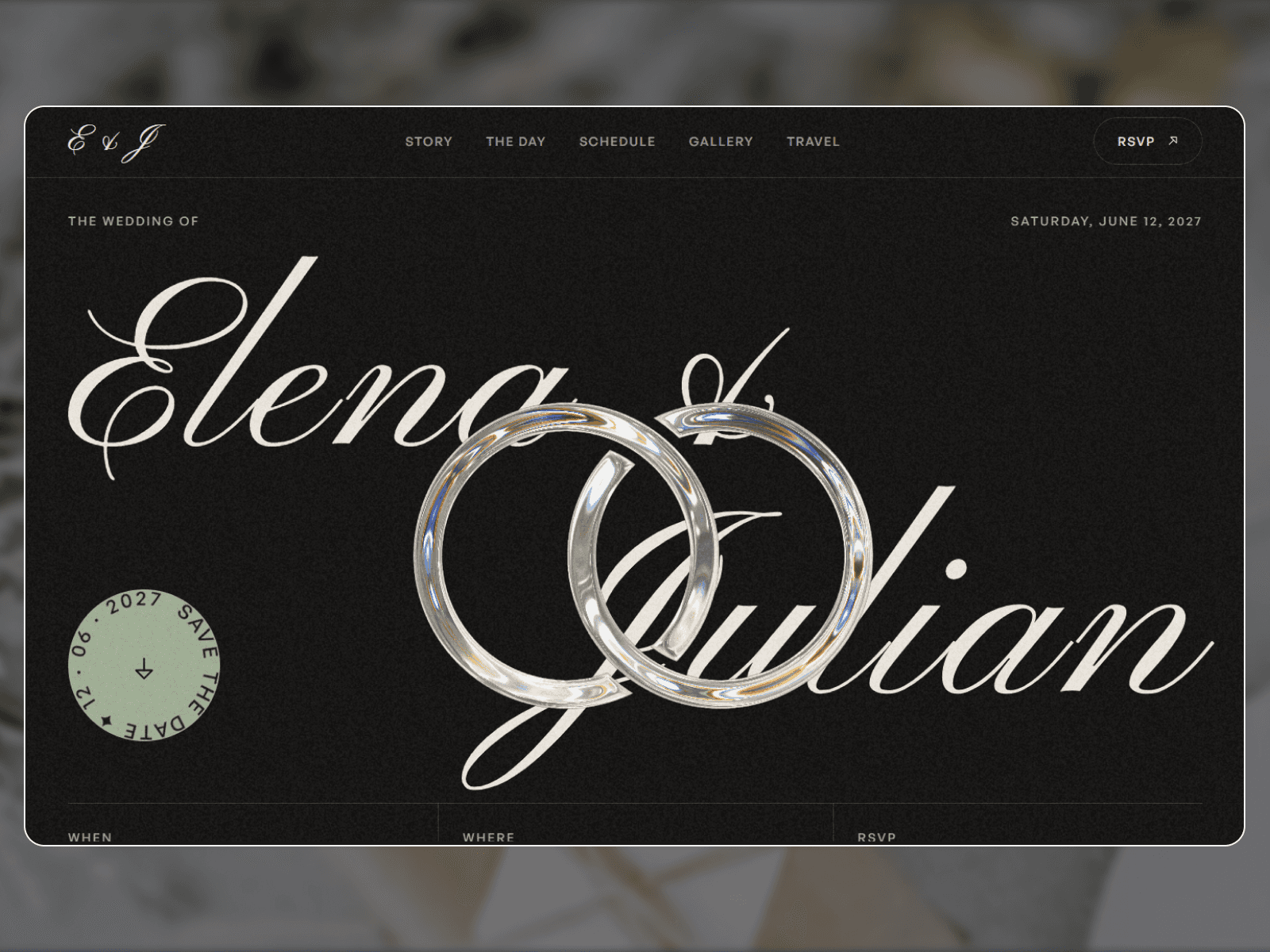 The Promessa wedding website template, with the names Elena and Julian in script and two glass rings beside a save-the-date seal