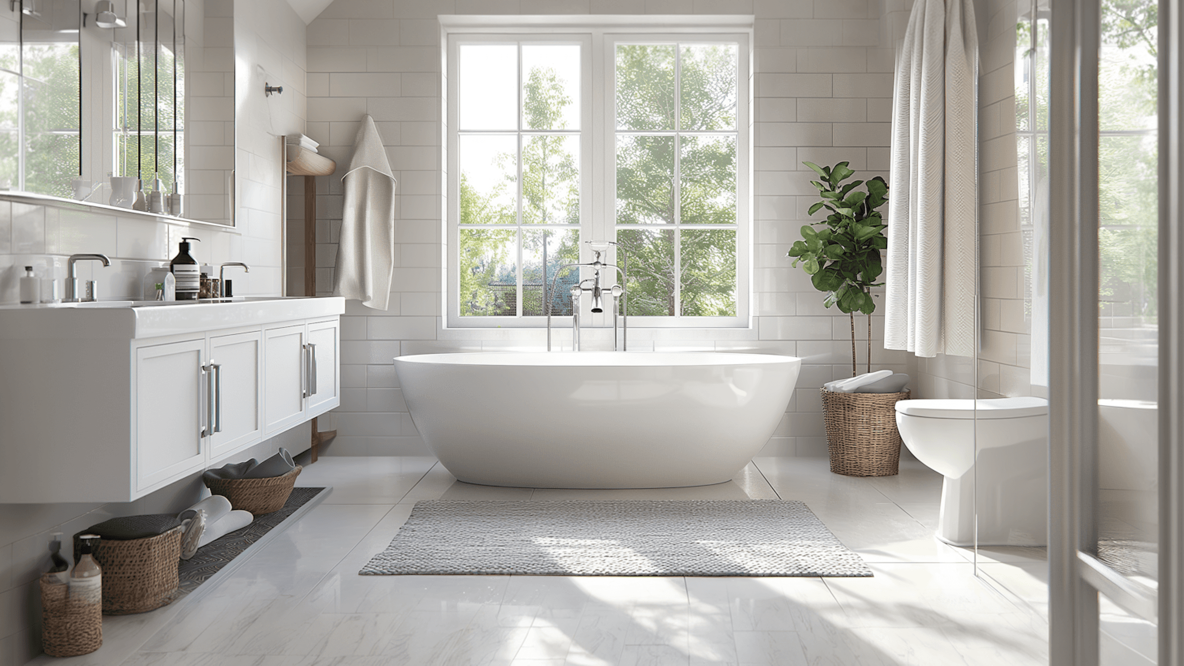 A bright, modern bathroom featuring a freestanding tub, white cabinetry, and large windows with greenery outside.