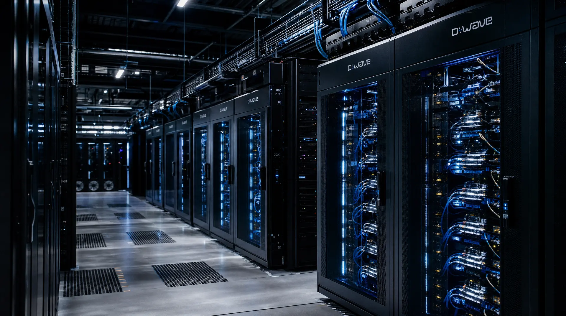 Rows of server racks with blue-lit wiring in a data hall, reinforcing b2b branding agency messaging for tech buyers.