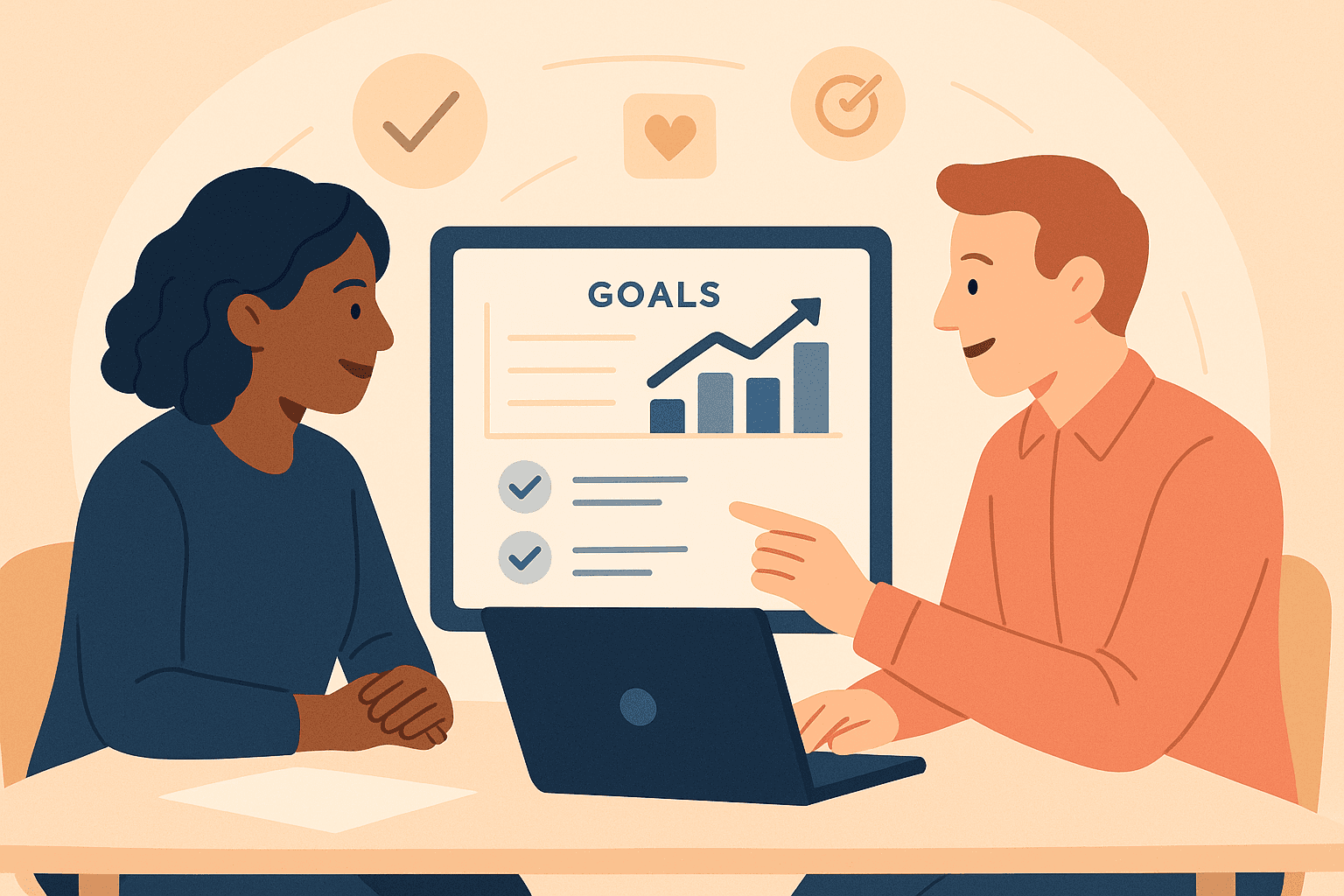 Two nonprofit leaders review a progress dashboard with charts and checklists, representing turning a strategic plan into daily action.