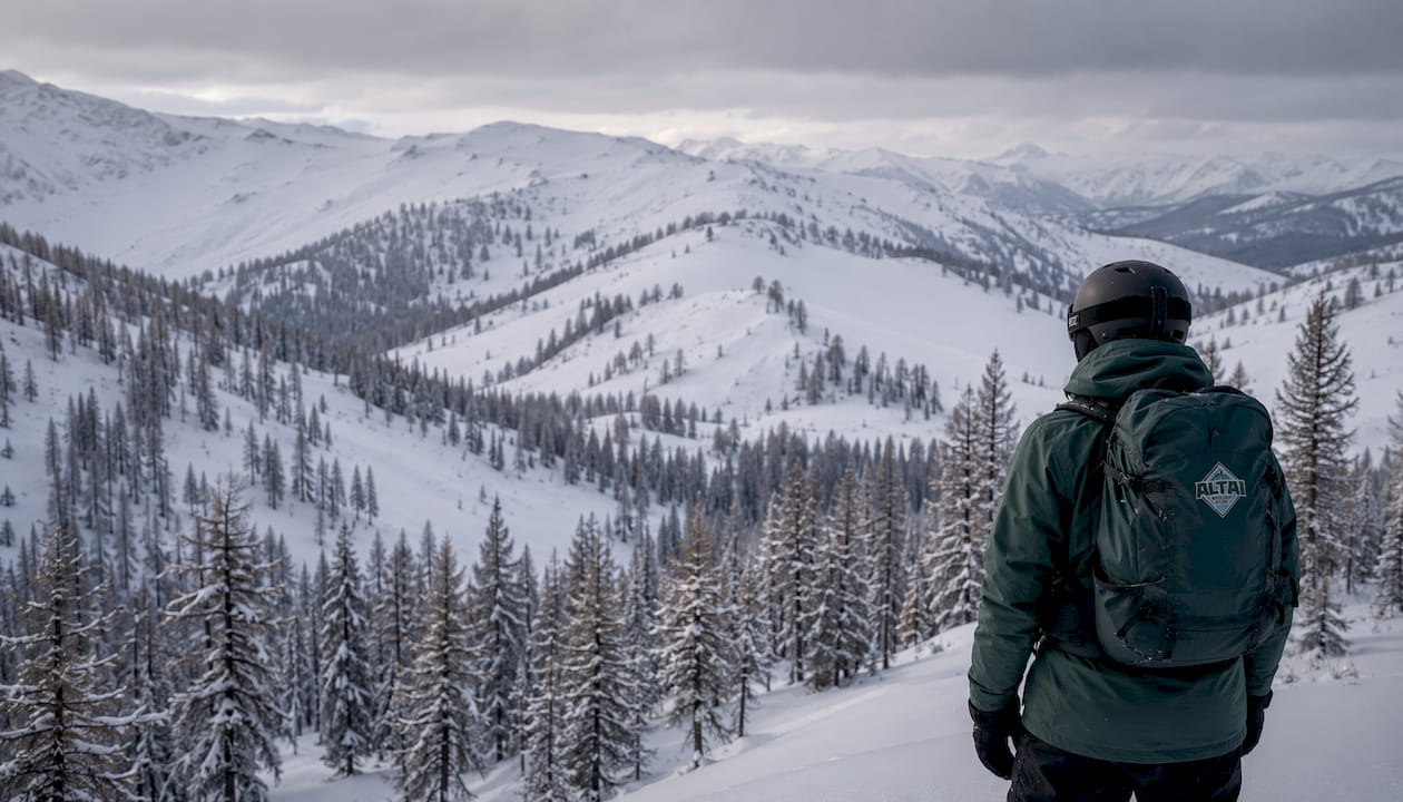 Snow-covered larch forest and mountain bowls in the Western Altai
