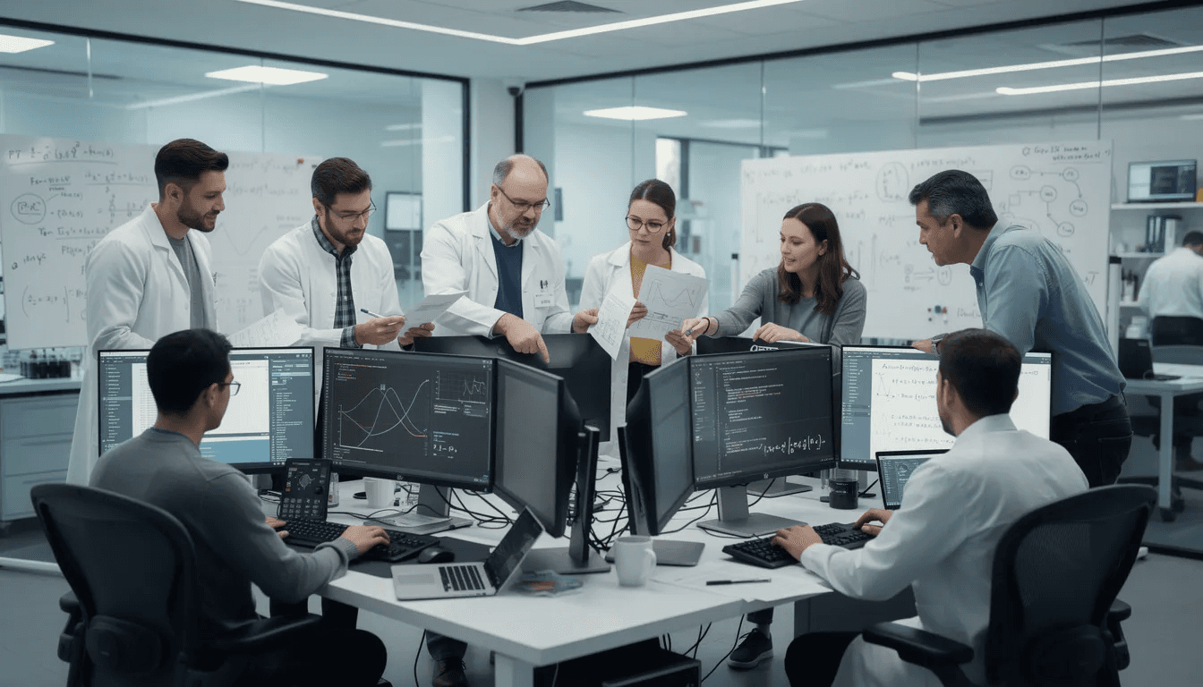 A diverse team of scientists and mathematicians is collaborating at computers, engaged in mathematical research and algorithmic trading strategies that are vital to the hedge fund industry, particularly in the context of the legendary Medallion Fund. Their work reflects a blend of quantitative trading and machine learning, aiming to solve complex financial market challenges.