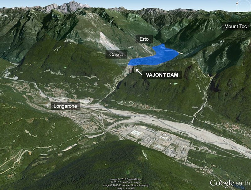 Aerial map of Vajont Dam, reservoir and surrounding Italian mountain settlements.