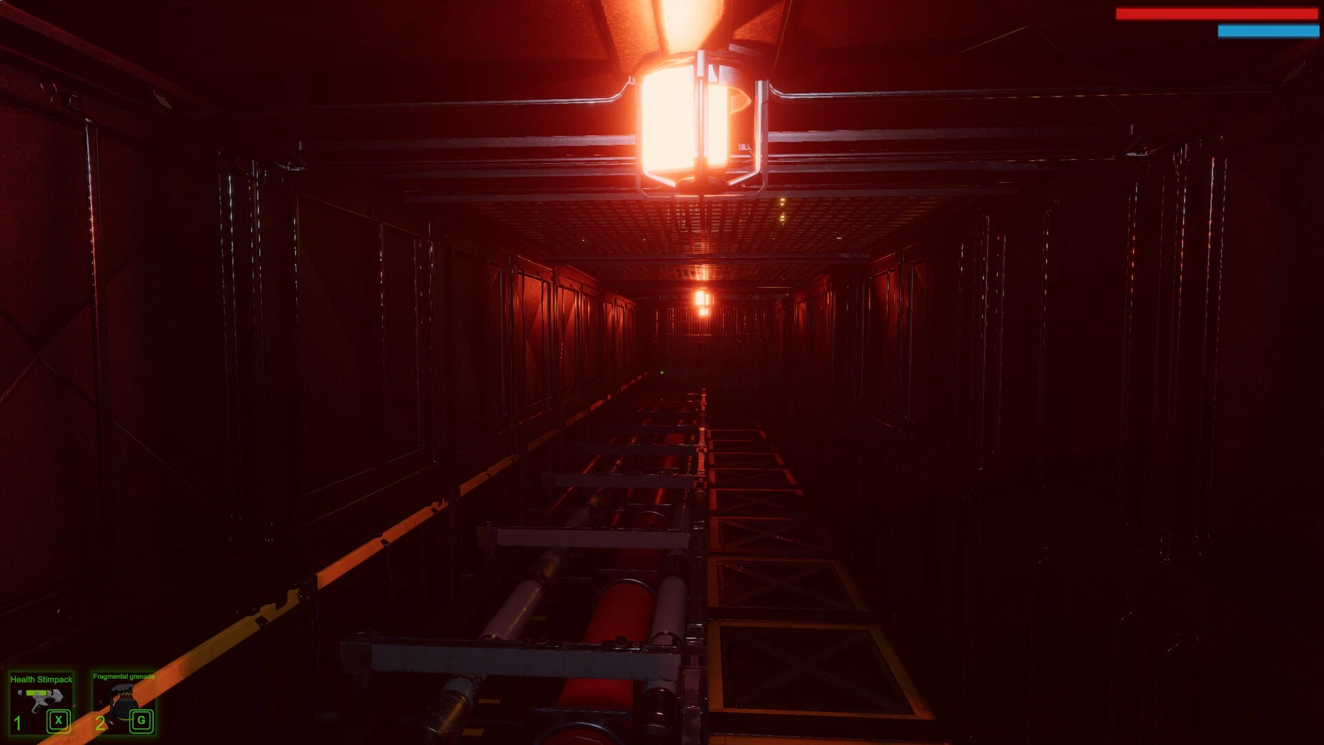 A dimly lit industrial corridor with exposed pipes and a red overhead light, creating an eerie sci-fi atmosphere.
