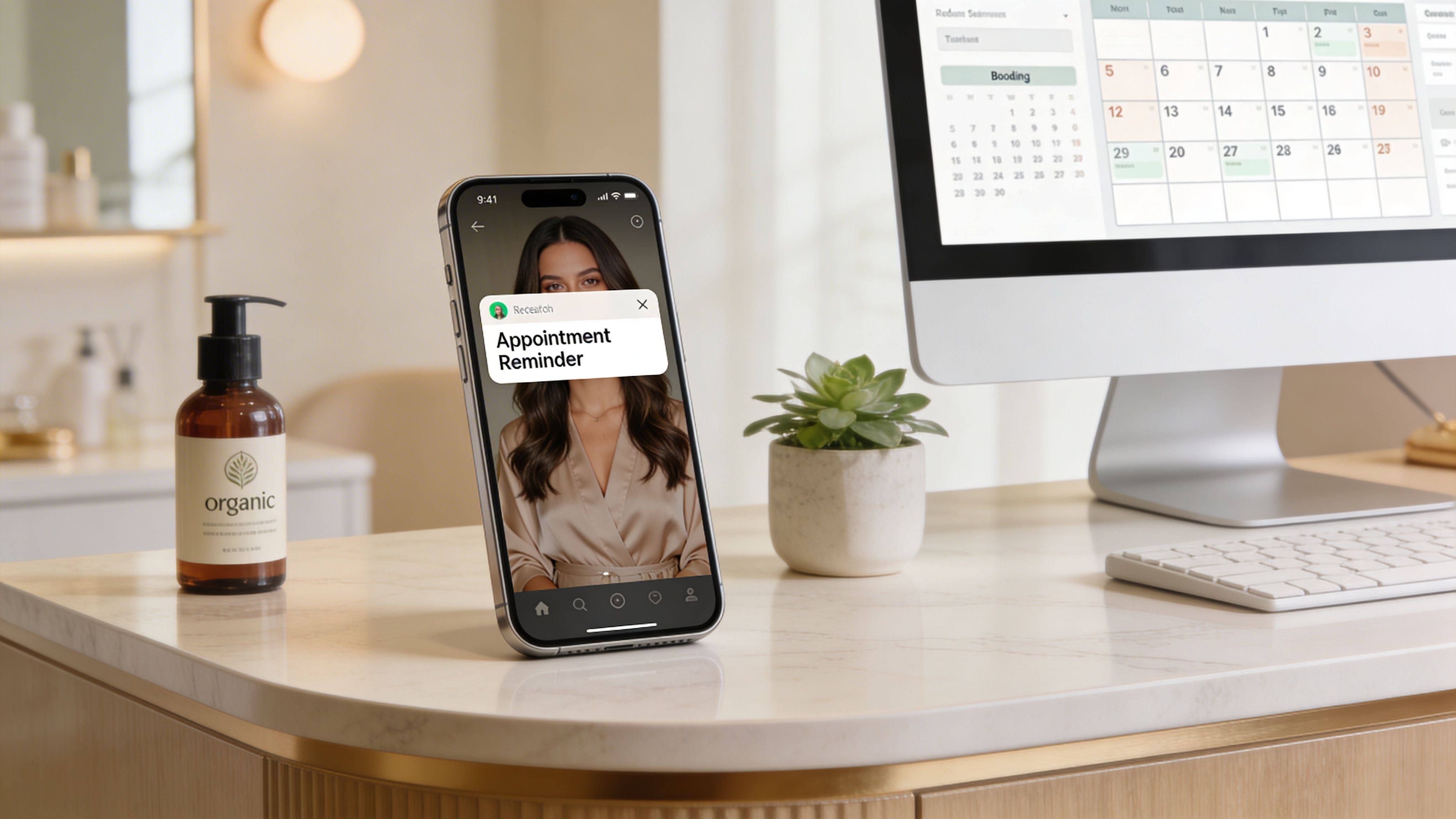 A smartphone displaying an appointment reminder on a desk with a computer monitor showing a salon calendar.